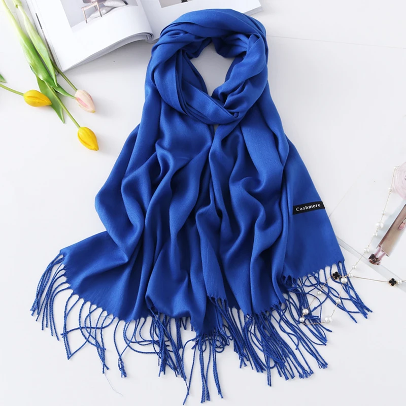 Women Cashmere Scarves with Tassel 2019 Autumn New Soft Solid Color Warm Long Wraps Scarf Casual Lady Winter Foulard Head Shawl