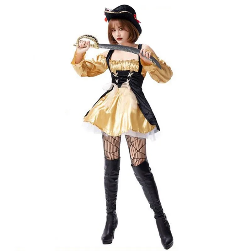 New Gold Color Women Halloween Pirates Costumes Female Warrior Cosplay Carnival Purim Parade Nightclub Bar Role Play Party Dress