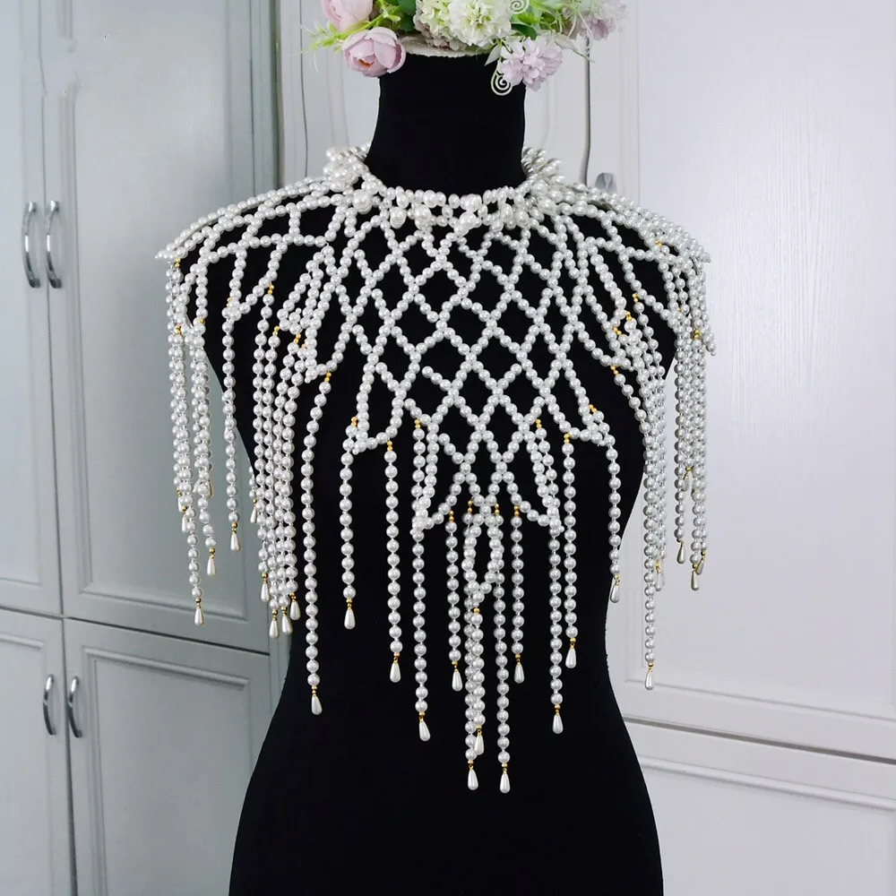 Luxury tassel pearl shoulder chain handmade beaded dress accessories shawl floral design big necklace body chain for women jewel