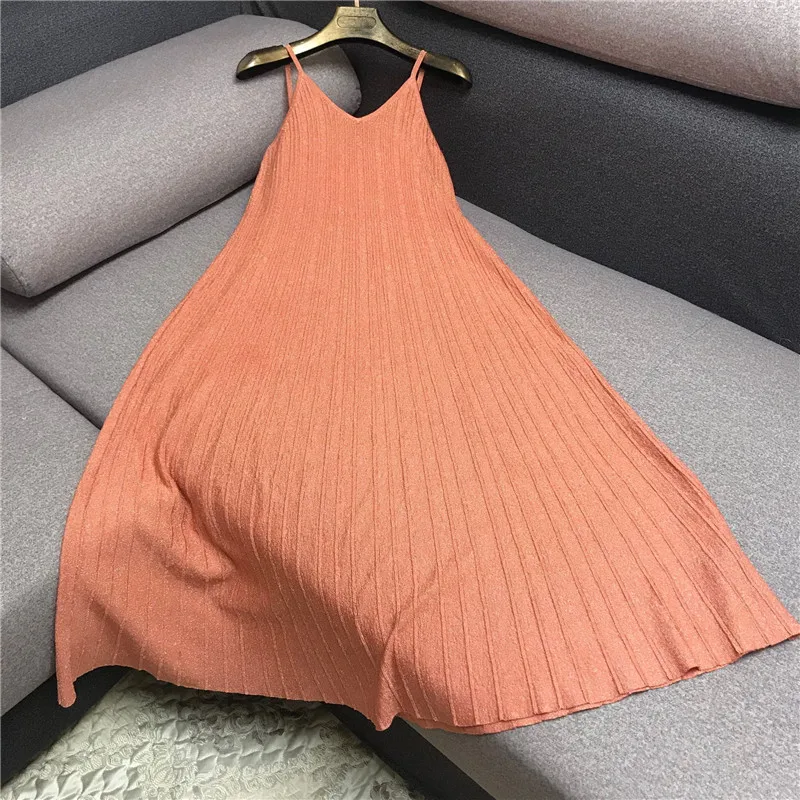 

2021 summer French style elegant knitted strap dress women v-neck slim high waist big swing beach dress