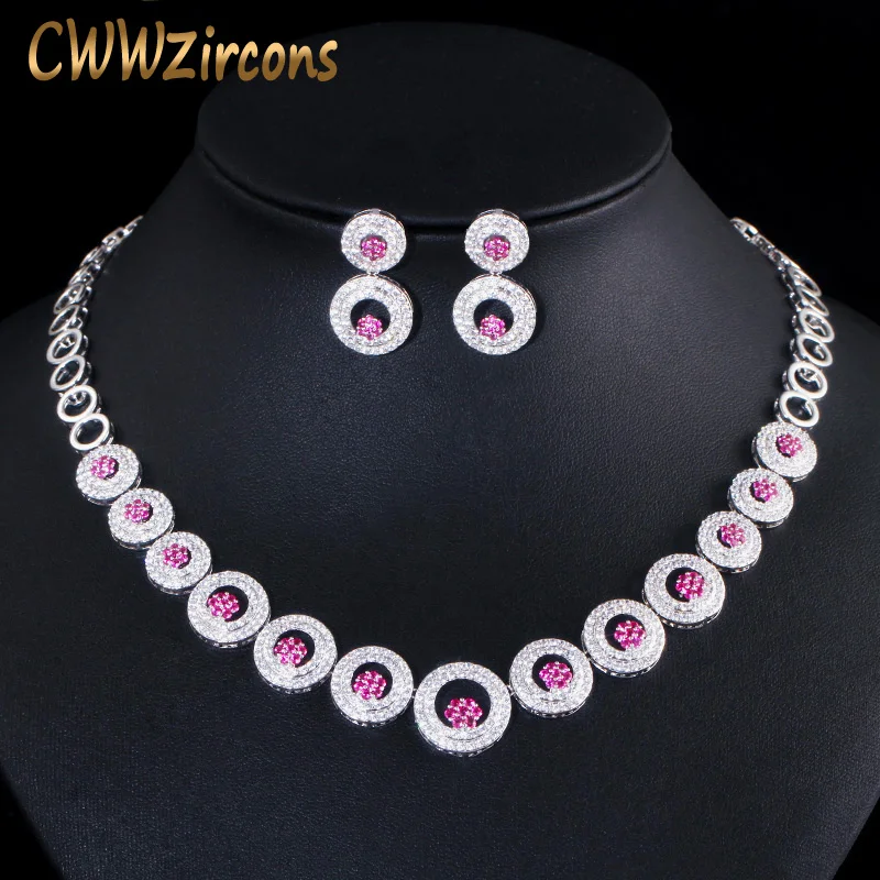 CWWZircons Hot Pink Red CZ Round Choker Women Wedding Necklace and Earrings Jewelry Set Brides Party Costume Accessories T415