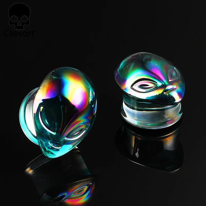 Casvort 2PCS Colorful Alien Glass Ear Body Jewelry Earrings Expanders Piercing Plugs Strechers Ear Gauges Gift For Women Men