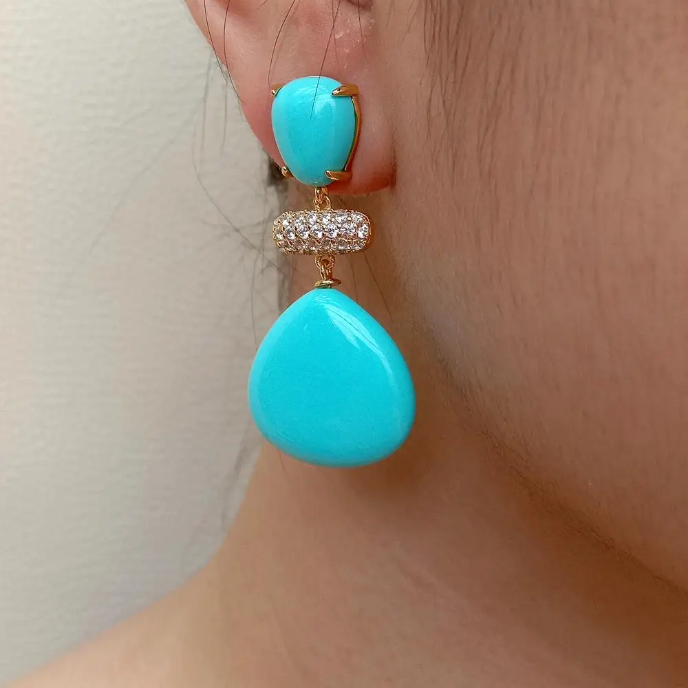 

YYGEM Blue Turquoise Triangle Shape Dangle Cz Beads Wedding Studs Earrings
