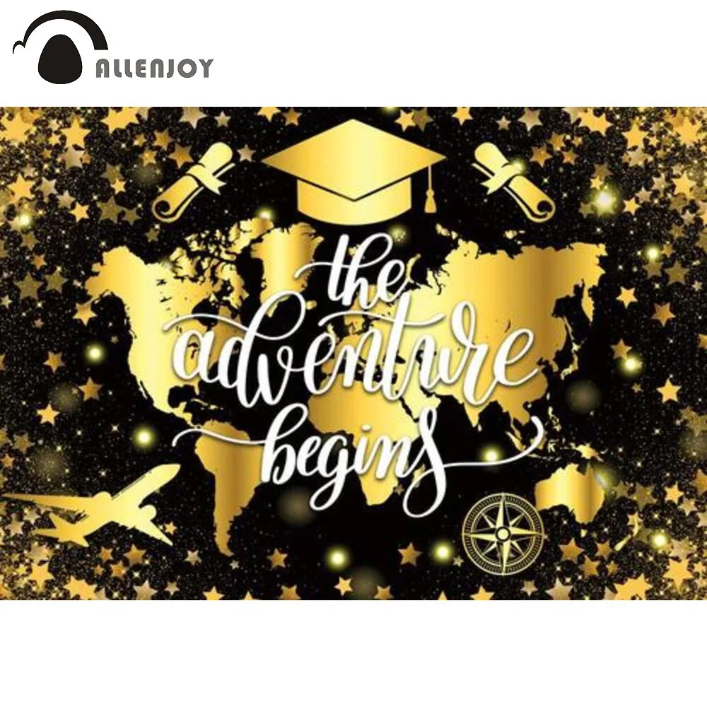 

Allenjoy Graduation The Adventure Begins Backdrop Gold Black Congrats Grad Congratulates Prom Party Supplies Decor Background