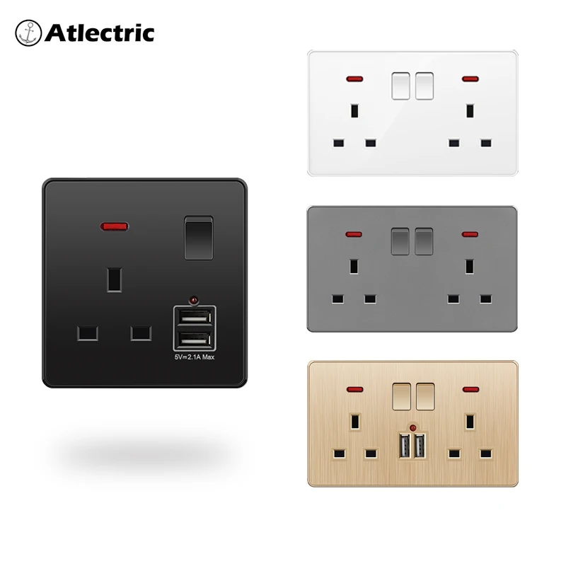 Avoir UK Standard 13A Wall Socket Black White Gray Plastic Embedded Panel Usb Socket With Switch 110-250V Two Britain Outlet