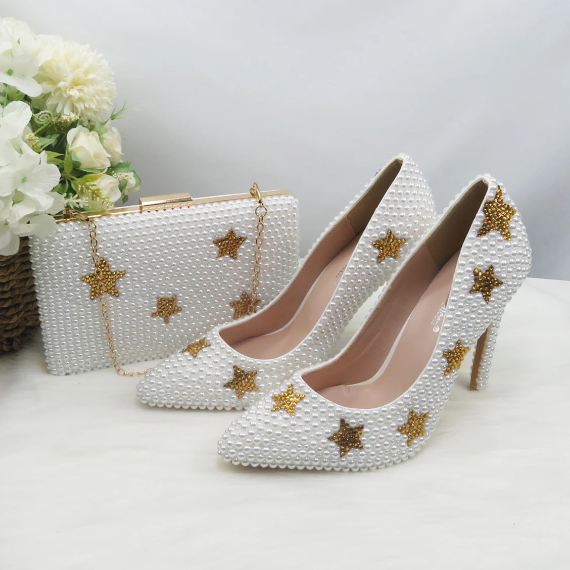 

BaoYaFang White Pearl Gold Star Women Wedding Shoes With Matching Bag Bride Pointed Toe Party Dress Shoes Woman Big Size Pumps