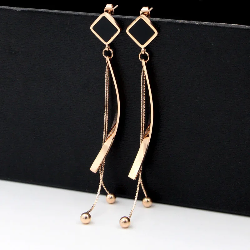 Fashion Black Square Hanging Bend Snake Bone Chain Steel Ball Tassel Rose Gold Color Earrings Woman Jewelry Wholesale