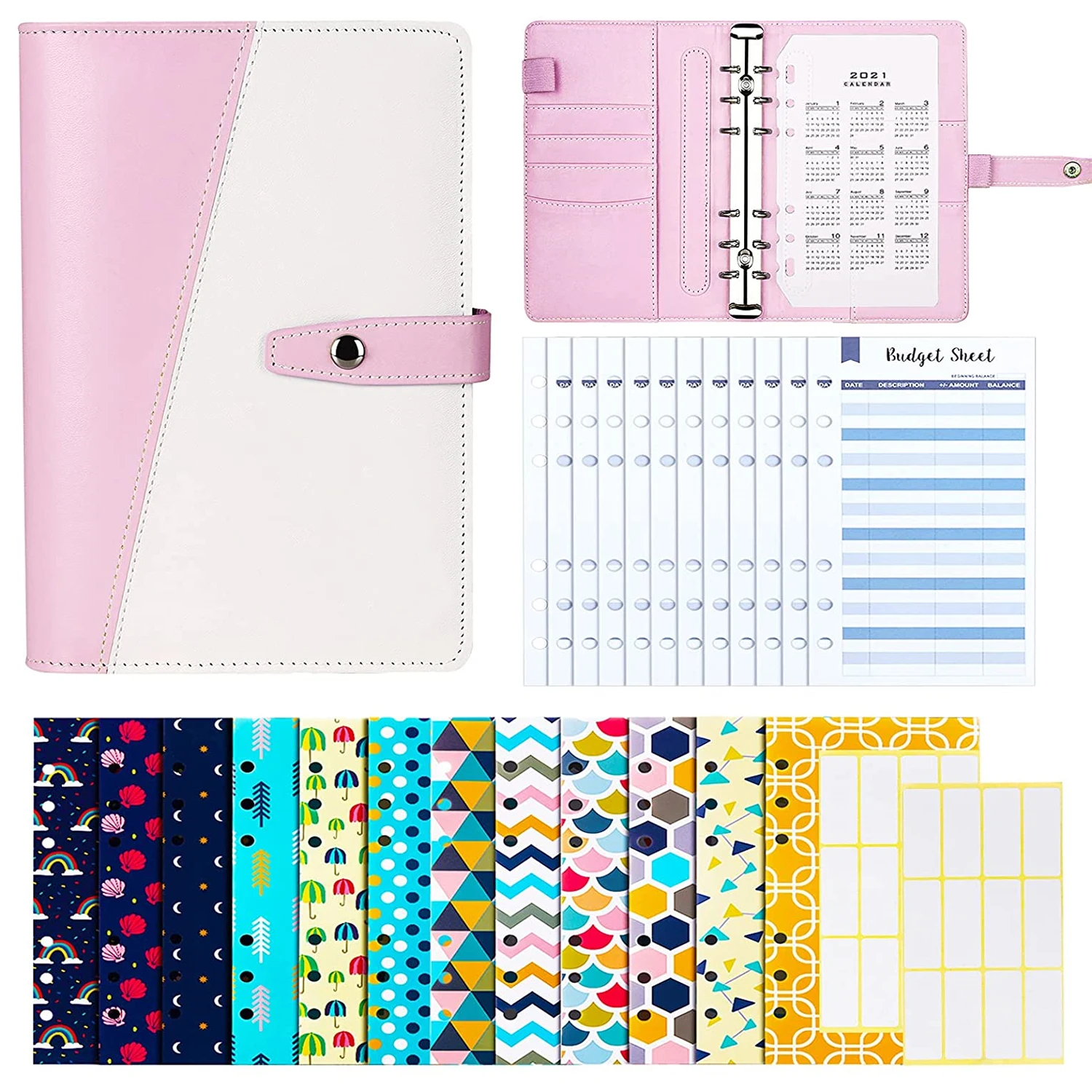 28Pcs A6 PU Binder Budget Envelopes System Planner with Budget Cash Envelopes ,Budget Sheets,24Pcs Stickers and 2021 Calendar