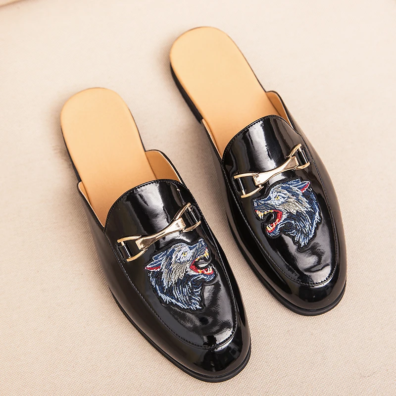 Office Designer Italian Men Half Shoes Luxury Cat Brand Patent Leather Mens Casual Shoes Loafers Mules Sandals Slides Slippers