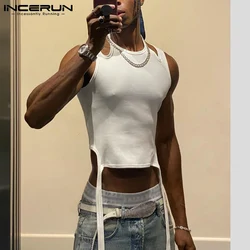 INCERUN America Style Men Sexy Shoulder Cutout Short Sleeveless Vests Male Fashion Waistcoat Hollow Casual Crop Tank Tops S-5XL