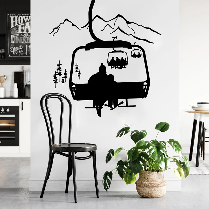 Pegatina de pared grande para esquí, telpher, montaña, dormitorio, habitación de niños, esquí de invierno, deporte extremo, árbol, calcomanía de pared, sala de juegos, decoración del hogar