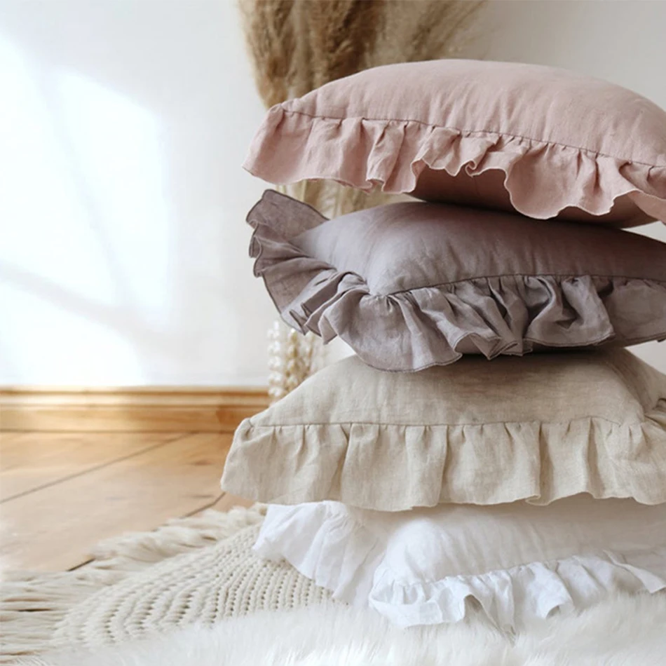 100% Linen Ruffle Pillowcases,Soft and Comfortable Cushion Cover,Home Decor Sofa Pillows,Living Room Couch Ornament