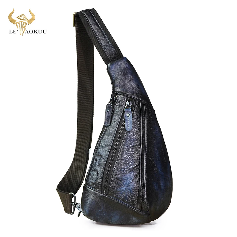 New Mens Genuine Leather Fashion Blue Tringle Chest Pack Bag Design Male Sling Crossbody One Shoulder Bag Backpack Daypack 8807