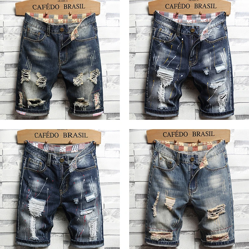 2024 New Spring Summer Men\'s Denim Shorts Men\'s Clothing Beach Ripped Jeans Denim Cotton Short Casual Business Social Men Shorts