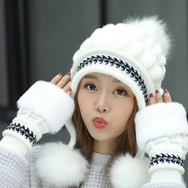 Girl Warm Ski Brand rabbit Fur Pom Poms Warm Gloves + knit hat set Winter Women Wool Beanie Hat thick Skullies Female Cap