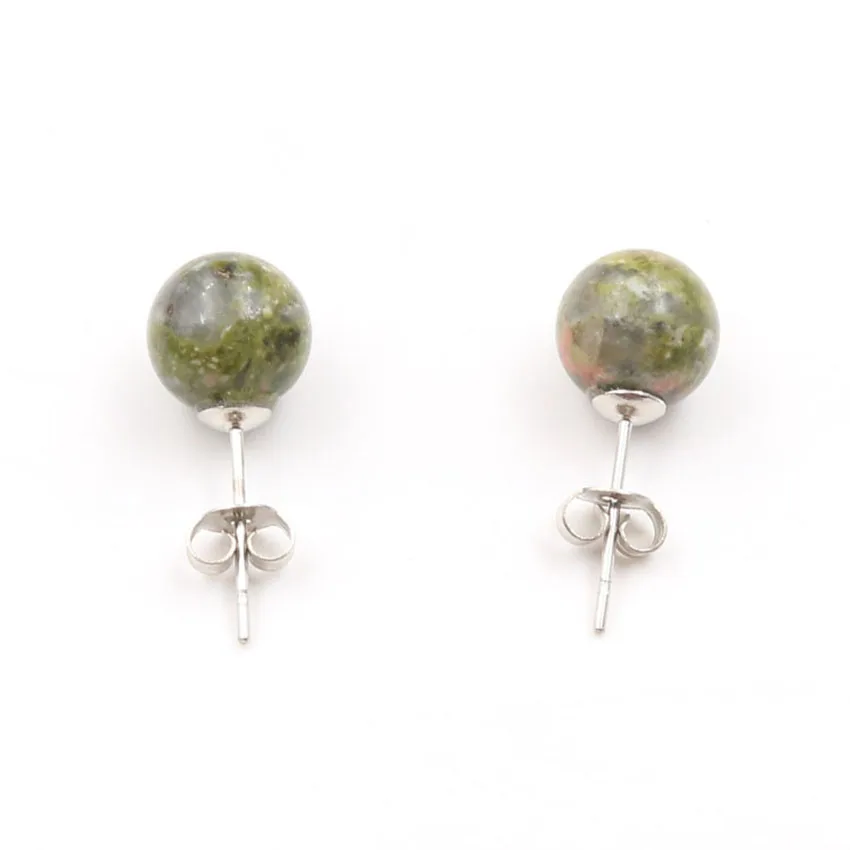 FYSL Silver Plated Unakite Stone Round Beads Stud Earrings for Women Blue Crystal Fashion Jewelry