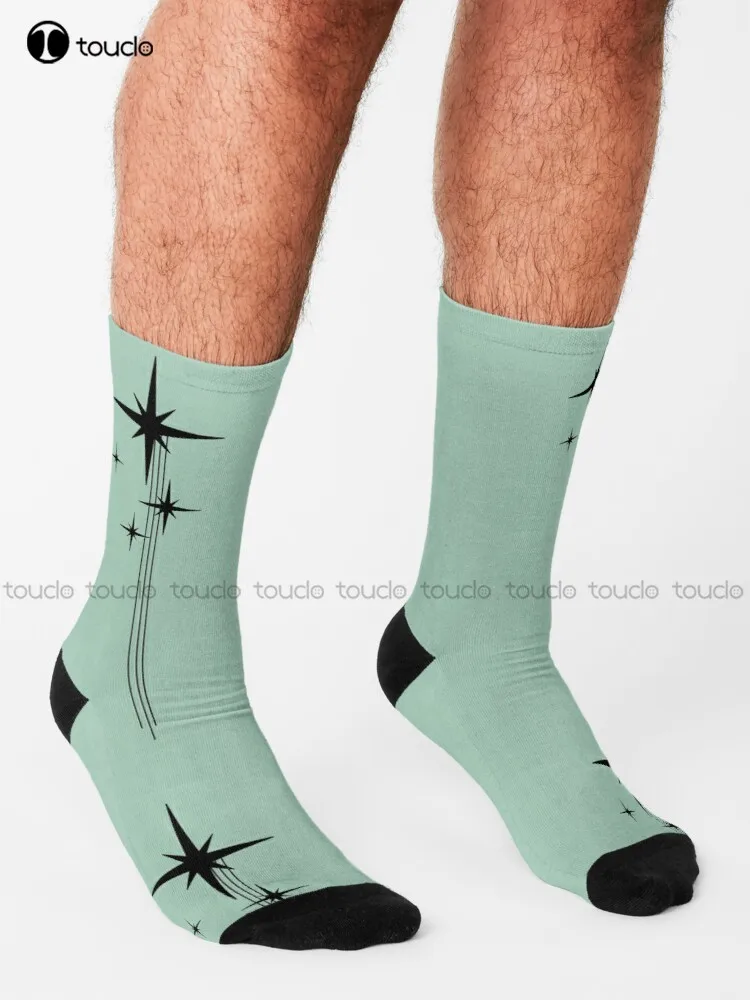 1950S Atomic Age Retro Starburst In Mint Green And Black Socks Hiking Socks Men Personalized Custom 360° Digital Print