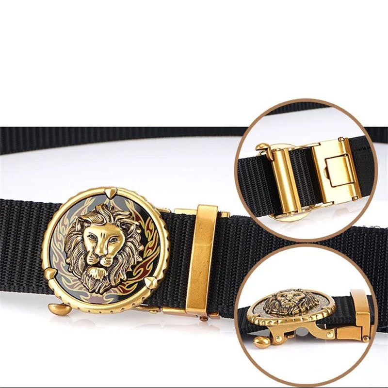 BOKADIAO Man's Nylon Belt Luxury Gold Lions Metal Automatic Buckle Canvas Belts for Men Fashion Jeans Waistband Black Male Strap