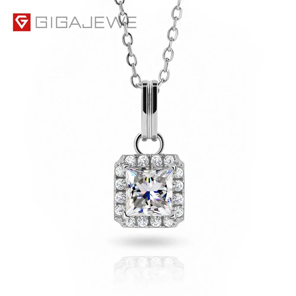 GIGAJEWE 1.2ct 6mm D Princess 18K White Gold Plated 925 Silver Moissanite Pendant Necklace Diamond Test Passed Woman Girl Gift