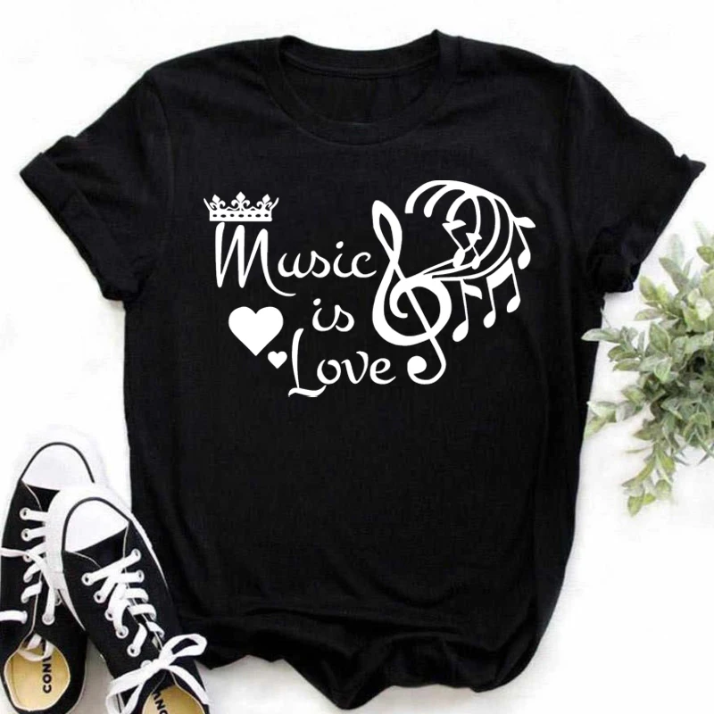 New Harajuku Funny Music Note Art T Shirt Fashion Women T Shirt Music Tops Short Sleeves Black T-shirt Ladies Casual Tees Top