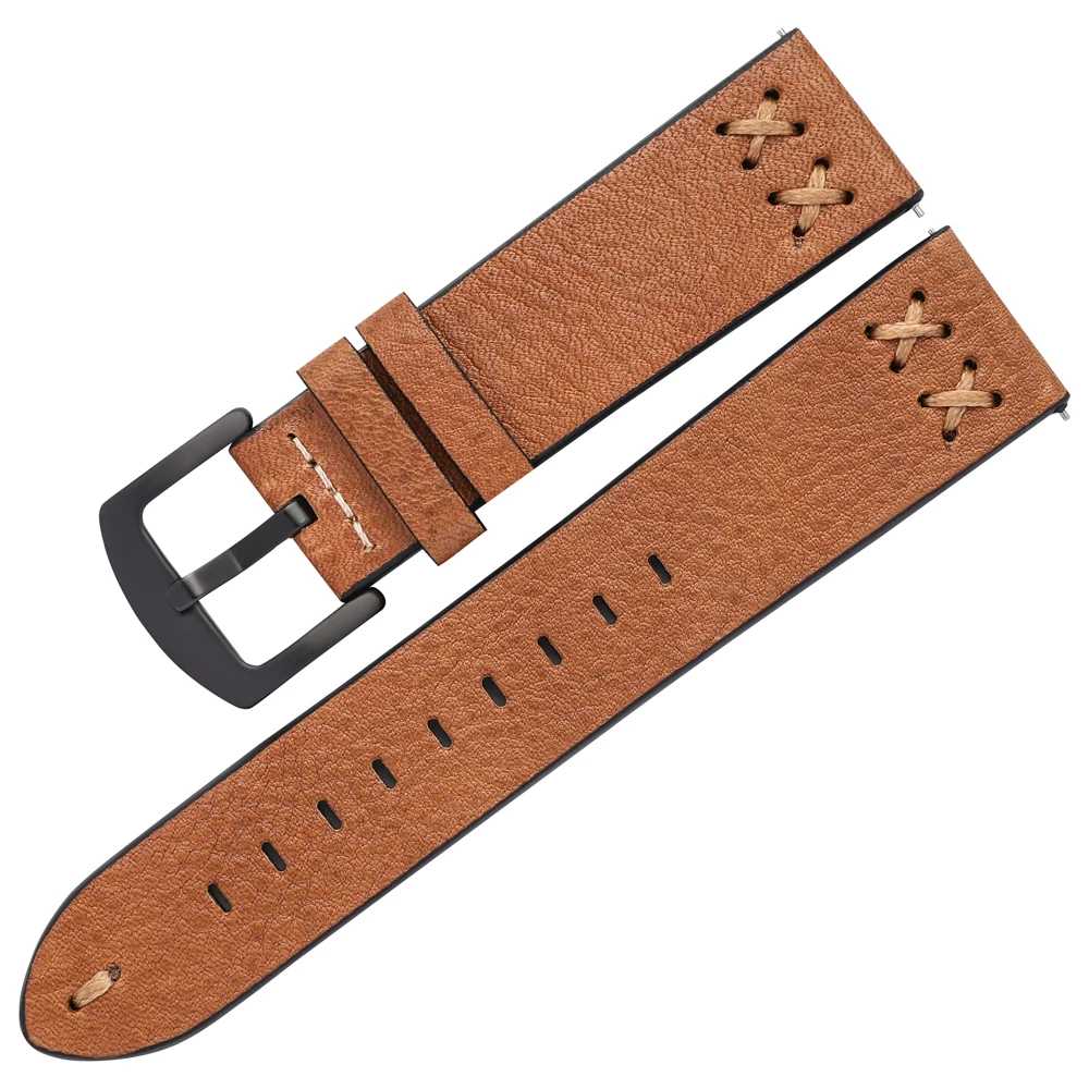 Vintage Wrist Watch Band Luxurious Handmade Stitching Leather Watch Straps 20mm 22mm With Stainless Steel Buckle