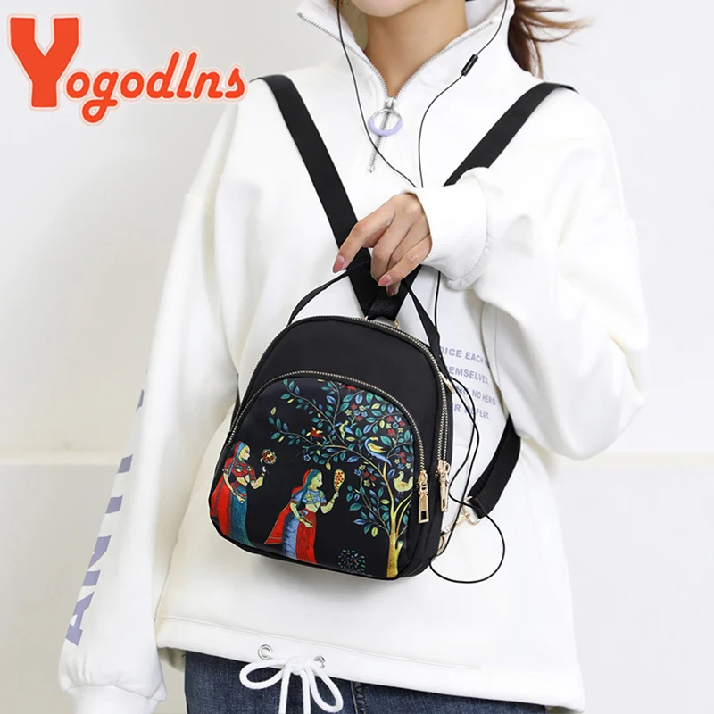 Yogodlns Trendy New Nylon Backpack For women Multifunction Shoulder Crossbody Bag Printing Waterproof Rucksack Travel Lady Pack