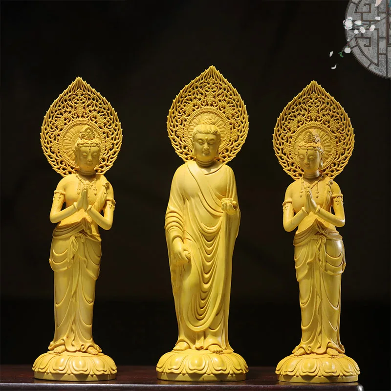 Handcrafted Trio of Wooden Statues, Serene Shakyamuni, Compassionate Guan Yin, Feng Shui Buddha, Spiritual Wood Carvings