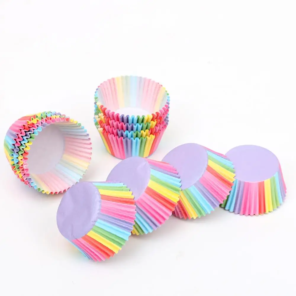 100PCS Kleur Regenboog cake Cup papier Anti-olie Chocolade Muffin Bakpapier Thee Party Cakevorm Decoratieve Keuken accessoires