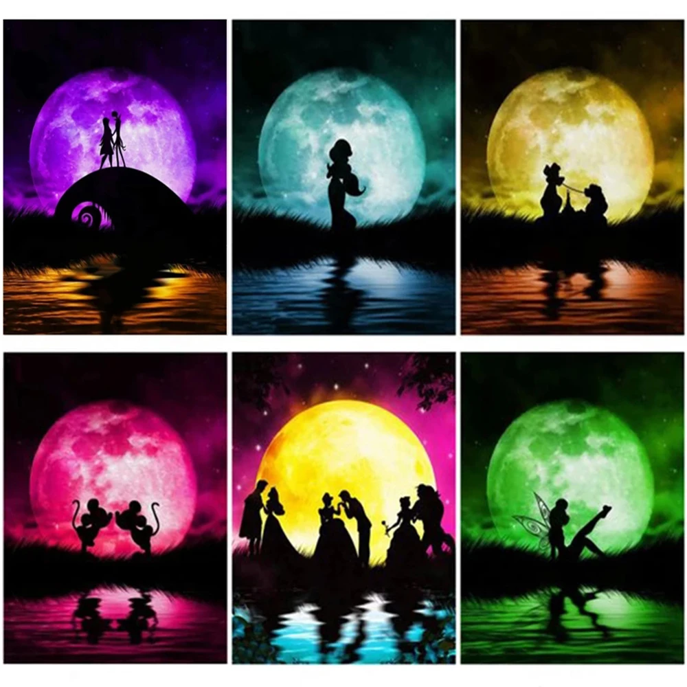 Disney 5D DIY Diamond Painting Cartoon Fairy Tale Moon Night Scene Cross Stitch Set Inlaid Diamond Home Decoration Painting