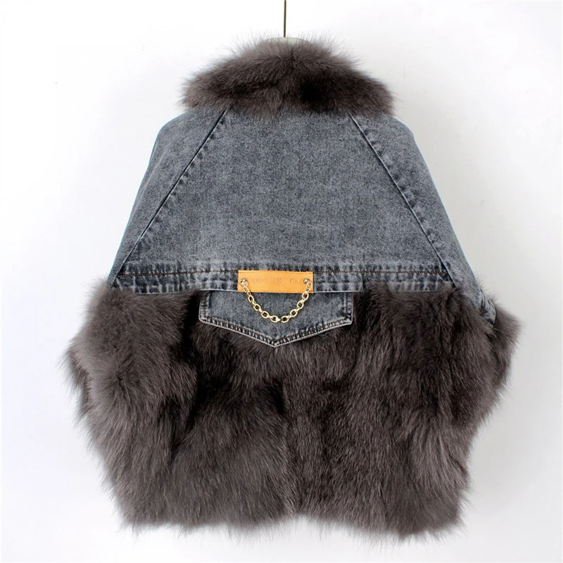 Women Winter Real Fox Fur Jacket Female Girl Jeans Coat Cowboy Denim Clothing White Duck Down Liner Parka