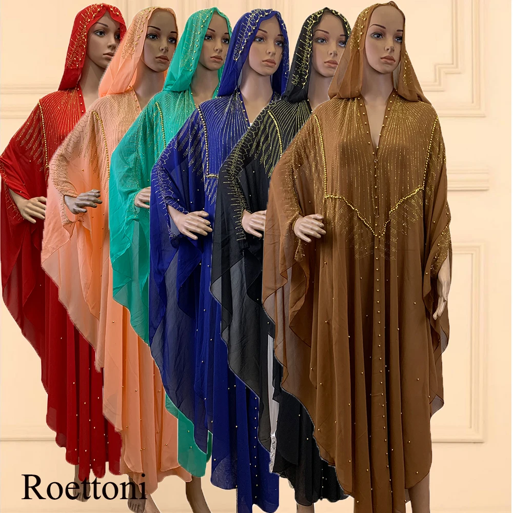 New Open Abaya Dubai Turkey Muslim Hooded Dress Women Chiffon Kaftan Beads Luxury Cardigan Plus Size Boubou Islamic Clothing Roe