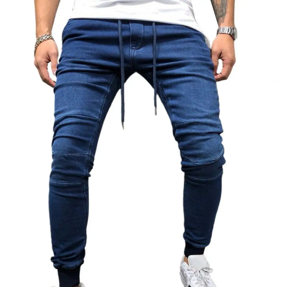 Men Vintage Wash Pure Color Jeans Slim Jeans Men Non Ripped High-Elastic Denim Trousers Street Jogging Pencil-Pants Male