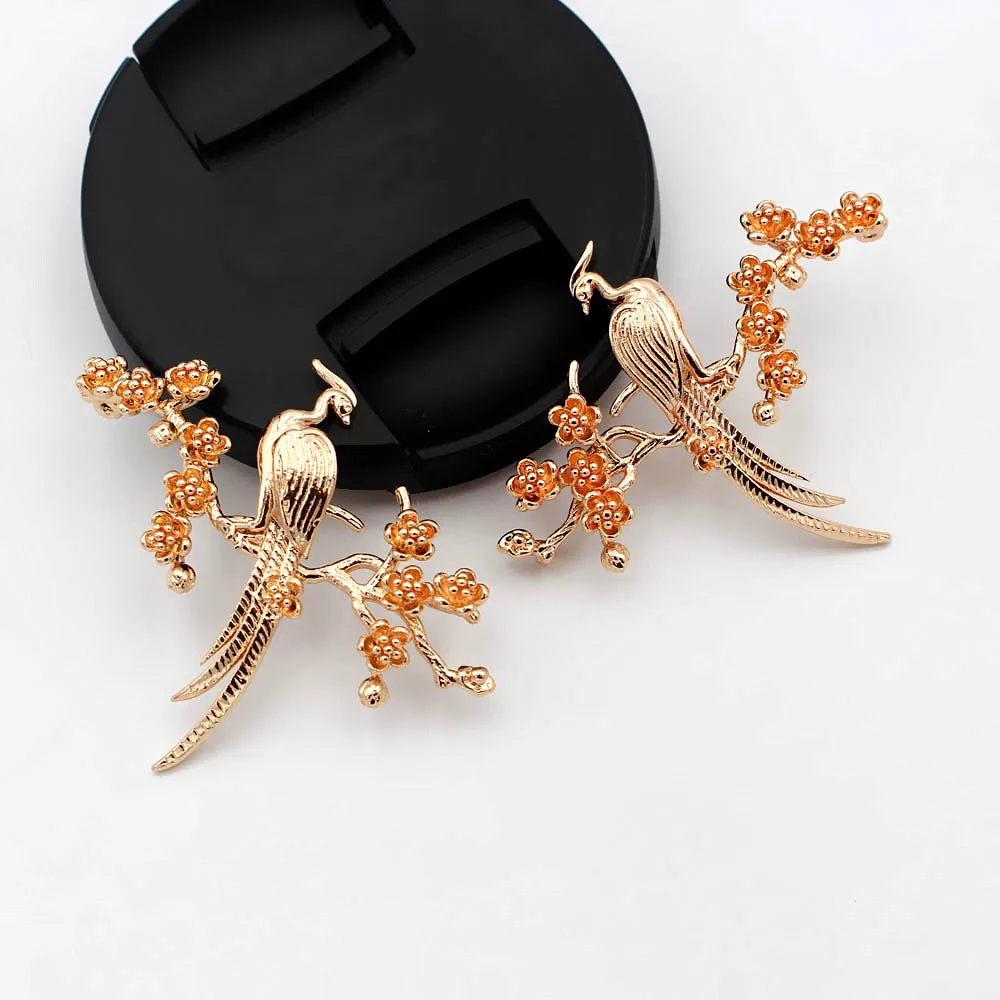 6pairs Brass Casted Phoenix on Winter Flower Branch Charms Pendant Connector High Quality Gold Color For DIY Jewelry Accessories