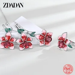 ZDADAN 925 Sterling Silver Flowers Water Drop Ruby Ring Earrings Necklace Set For Women Wedding Jewelry Gift