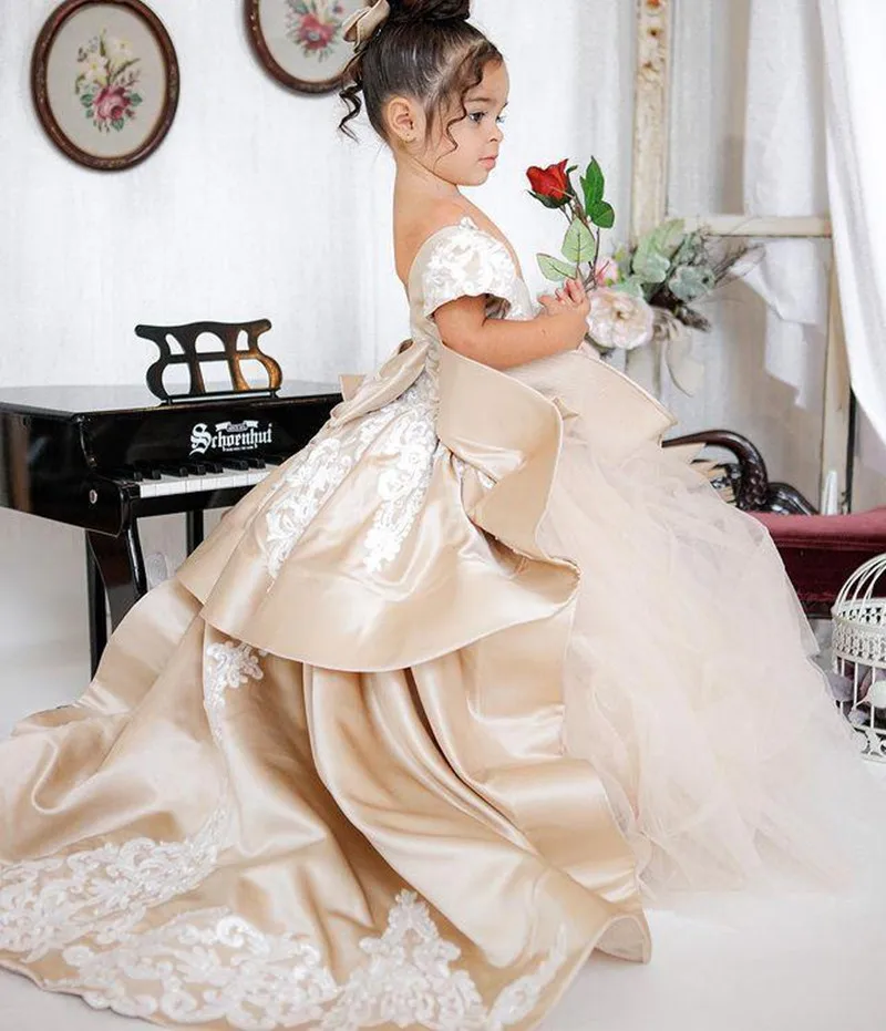 Vestidos femininos de flores para casamento, vestidos longos e brilhantes para concurso, meninas com laços