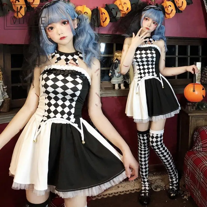 Vestidos góticos sin tirantes para Halloween, ropa de actuación de circo, disfraz de payaso, conjunto de disfraces de Cosplay de cuadrícula en