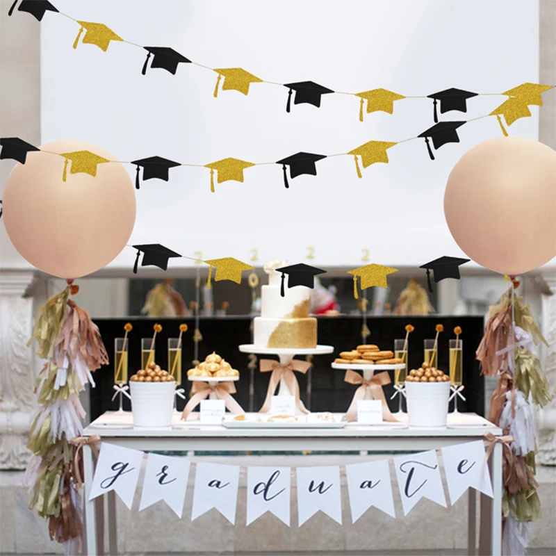 Black Gold Graduation Bachelor Hat Banner Paper Cap Garlands for School Celebrations 2024 Graduation Party Hanging Decorations