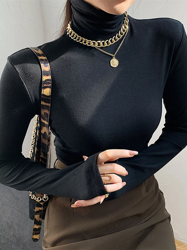 

Spring Autumn Slim Velvet Women's T-Shirts 2022 New Long Sleeve Turtleneck Bottoming Minimalist Shirts Black Basic Tops Female