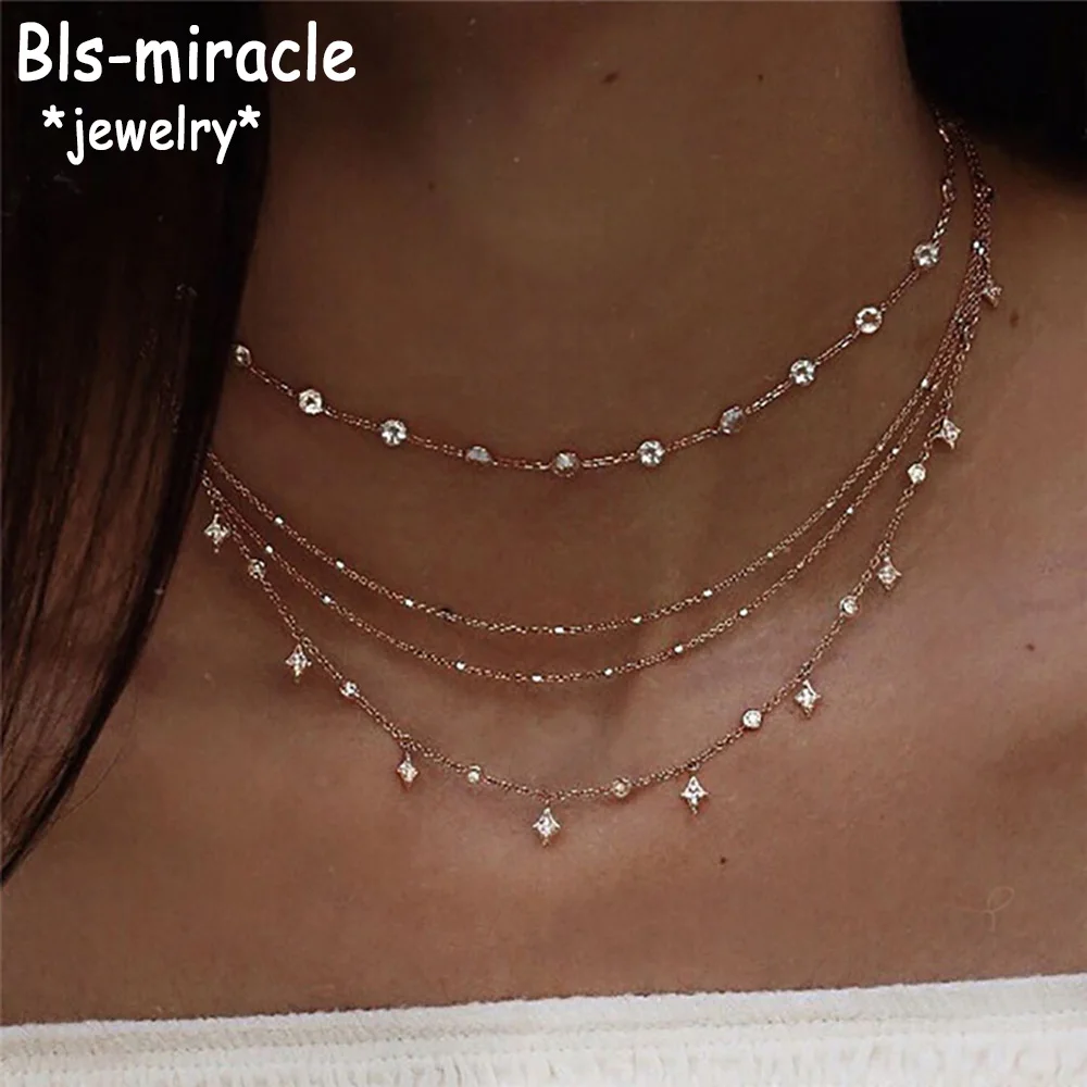 New Boho Fashion Crystal Stars Pendant Necklaces For Women Vintage Gold Color Necklace Multilayer Female Jewelry Wedding Gift