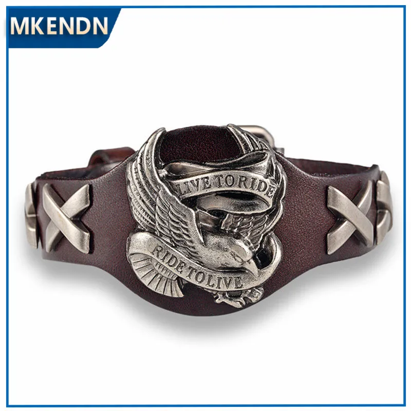 MKENDN Hot Sale ride to live bracelets male bird Skull Retro bracelet homme Genuine Leather Bracelet Men Woman bracelets bangles