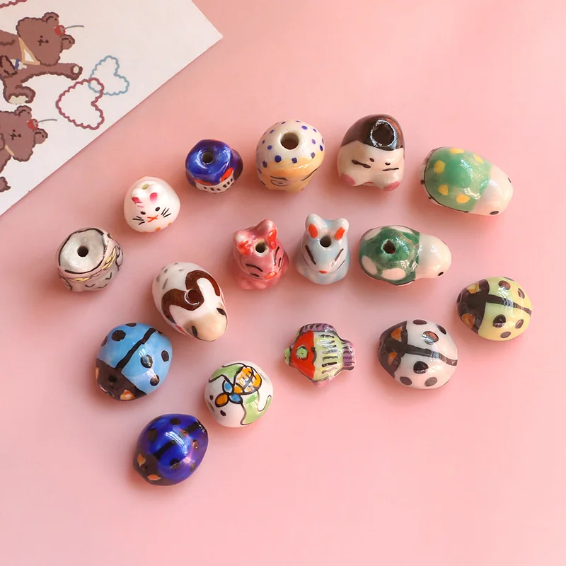 5PCS Cartoon Hand-painted Wind Cute Ladybug Owl Head Ceramic Beads Diy Handmade Jewelry Earrings Pendant Accessories