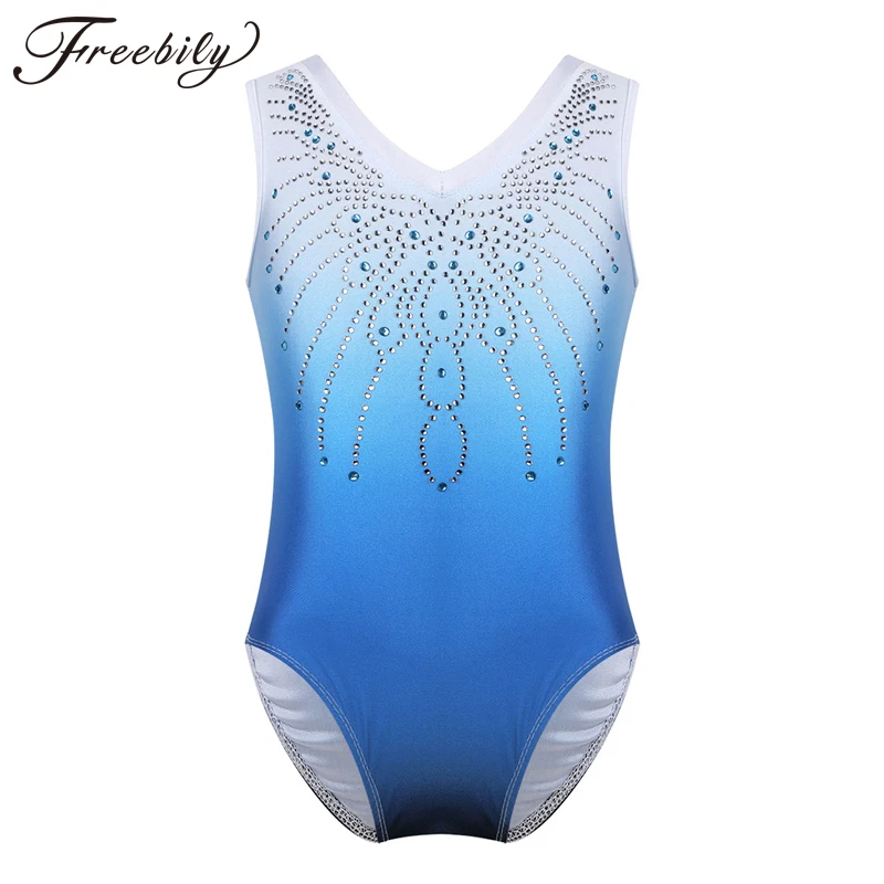 Kids Girls One Piece Dancewear Sleeveless V Shaped Neck Shiny Rhinestone Professional Ballet Dance Gymnastics Leotard Jumpsuit