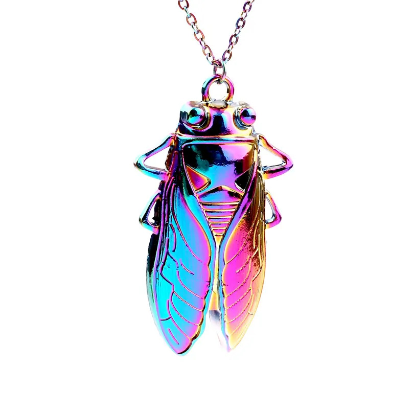 1pcs Rainbow Color Zinc Alloy Cicada insect Necklace women Female jewelry Collar free Stainless steel chain 20‘’