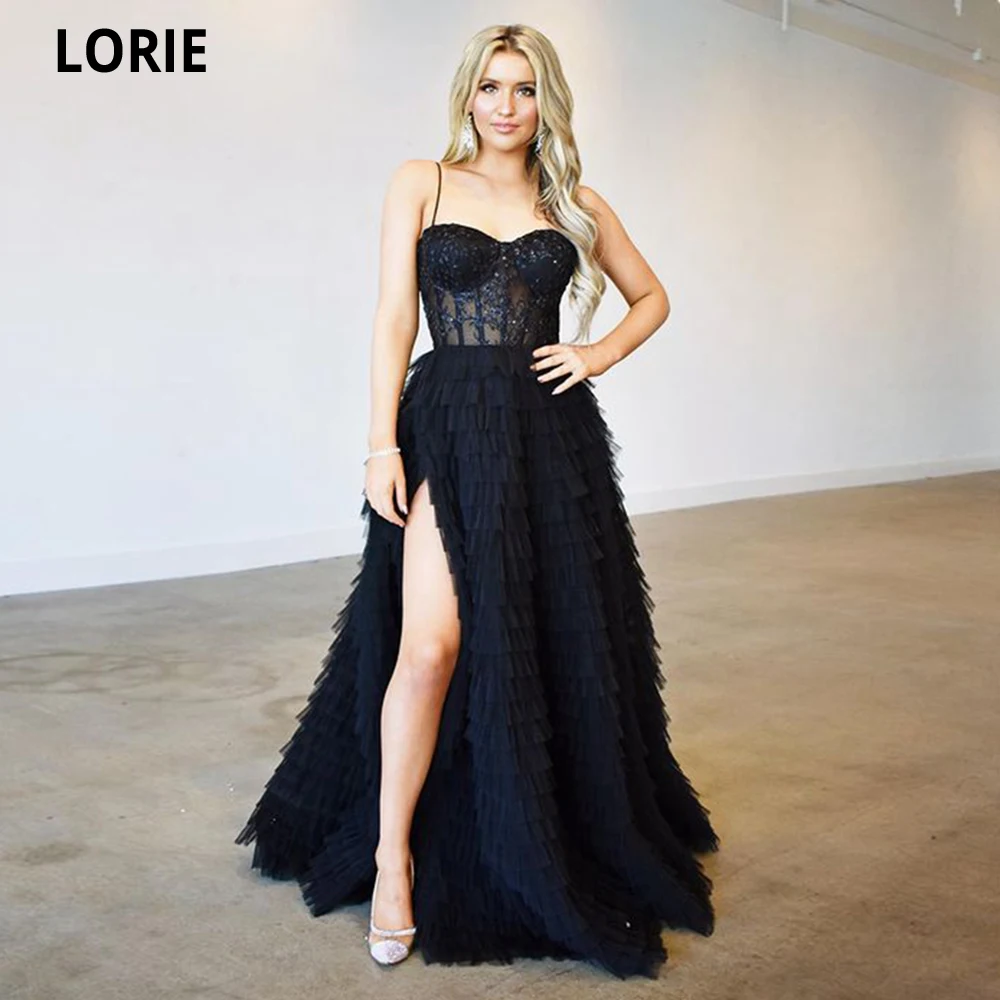 LORIE Appliques Navy Blue Tulle Prom Dresses Mermaid Sequines Tiered Formal Evening Gowns Women Party Dresses Robes De Soirée