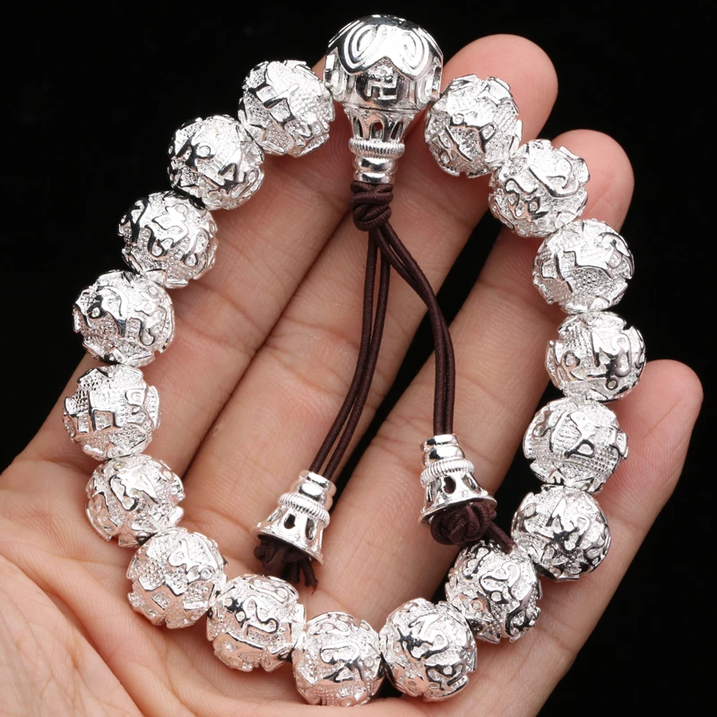 Tibetan Buddhism Nepal Vintage Handmade Tibetan Silver Jewelry Six-character Mantra Heart Sutra Bracelet Bead Bracelet