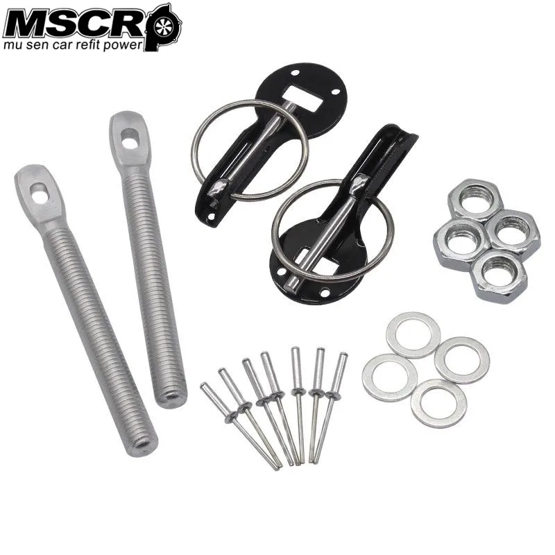 Universal Logo Car Racing Engine Bonnet Silver Hood Pin Flip Over Security Lock Kit Set