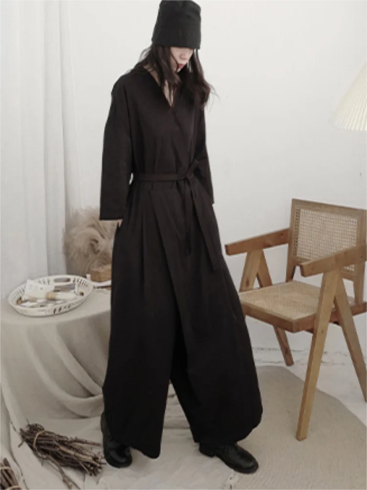 Spring and Autumn Men\'s New Black Tilted Waist Long Sleeve V-neck Super Loose Wide Leg Jumper Long Sleeve Cargo Pants
