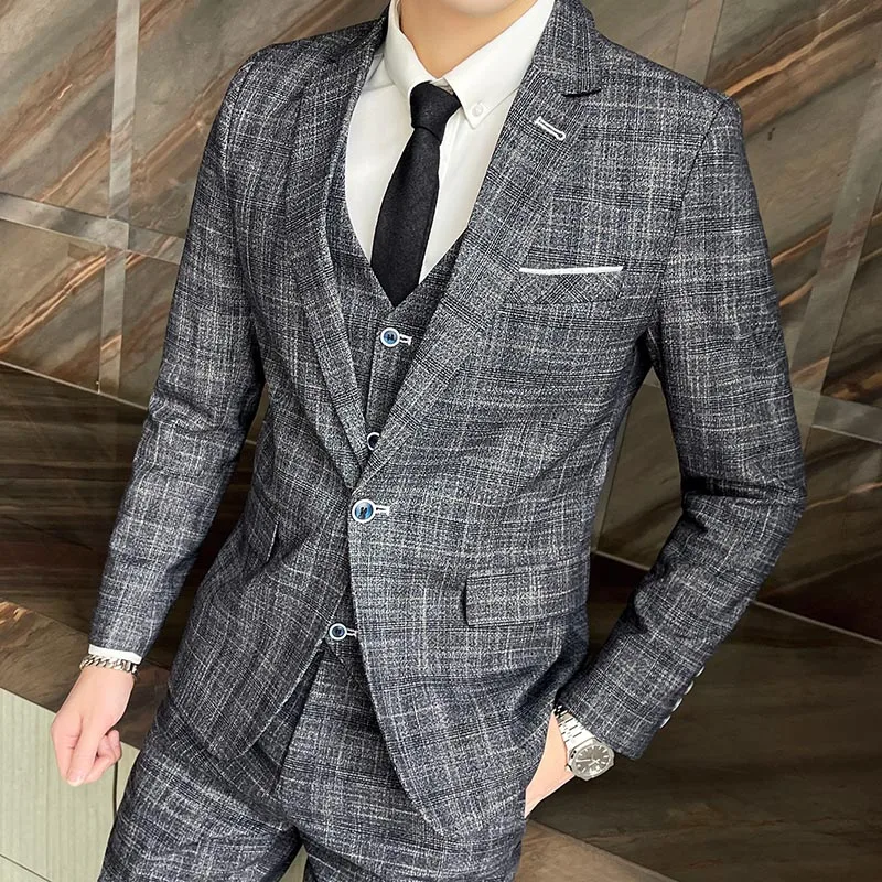 (Jacket +vest+pants) Male Wedding New 2022 Autumn Business Formal Plaid Suit Luxury Slim Fit Coat Trousers