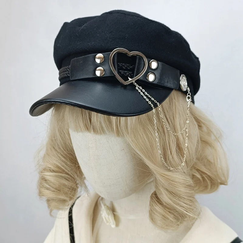 Gothic Punk Military Hat Lolita Sailor Harajuku Style Bead Chain Hat JK Girls Heart Black Beret Women Flat Top Caps