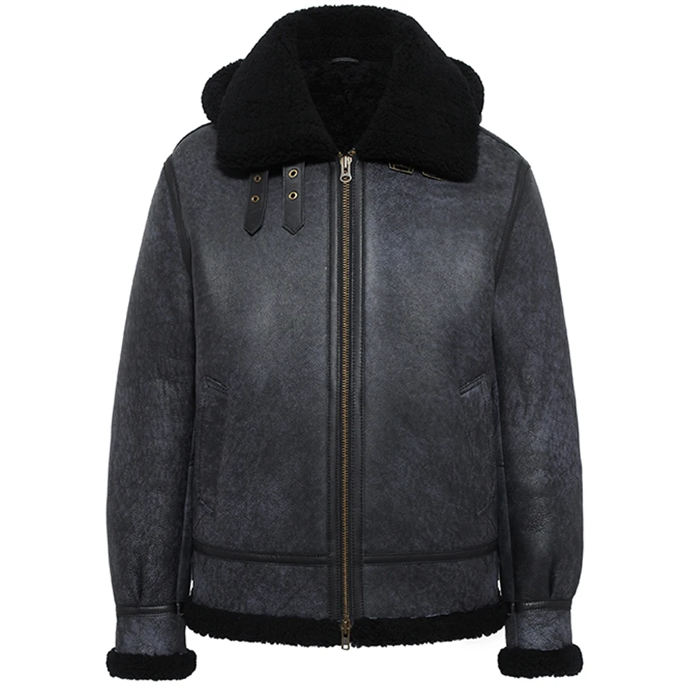 Mens Detachable Hooded B3 Bomber Jacket Sheepskin Shearling Jacket Men Shearling Fur Coat Deep Gray Color